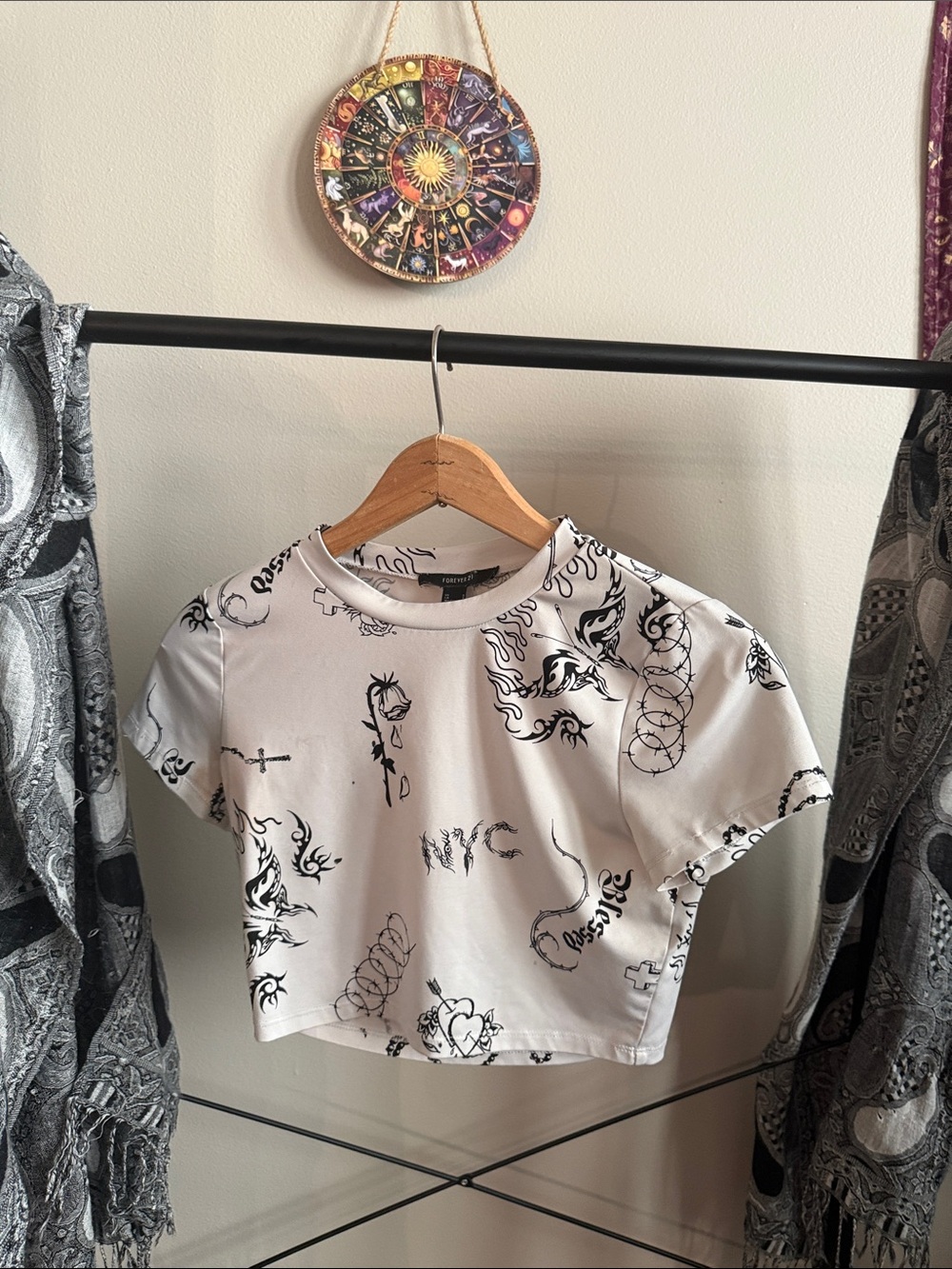 Forever 21 White Cropped Tee with Black Tattoo-Inspired Print